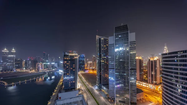 Şehir Merkezi Dubai Deki Gökdelenlerin Business Bay Tüm Gece Boyunca — Stok fotoğraf