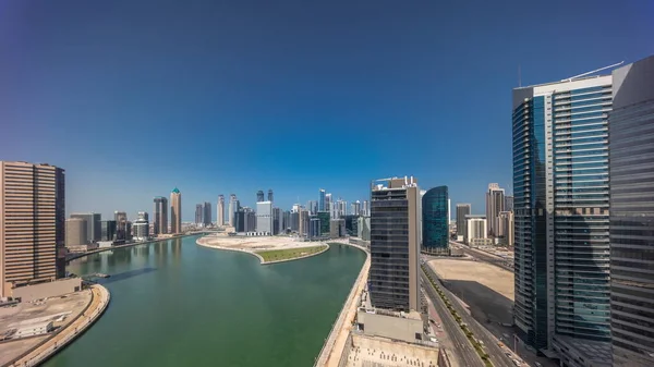 Rascacielos Cityscape Dubai Business Bay Con Timelapse Aéreo Del Canal —  Fotos de Stock