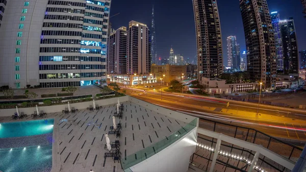 Panorama Aéreo Centro Dubai Arranha Céus Difusos Com Tráfego Movimentado — Fotografia de Stock