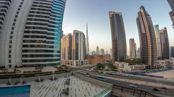 Panorama Dubaju Centrum Miasta Wieżowce Difc Ruchliwym Ruchem Skrzyżowaniu Dzielnicy — Zdjęcie stockowe