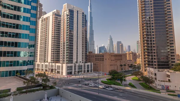 Aerial Panoramic View Dubai Downtown Difc Skyscrapers Sunset Busy Traffic — Stock Photo, Image
