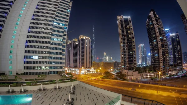 Aerial Panorama Dubai Downtown Difc Skyscrapers Busy Traffic Intersection Business — Stock Photo, Image