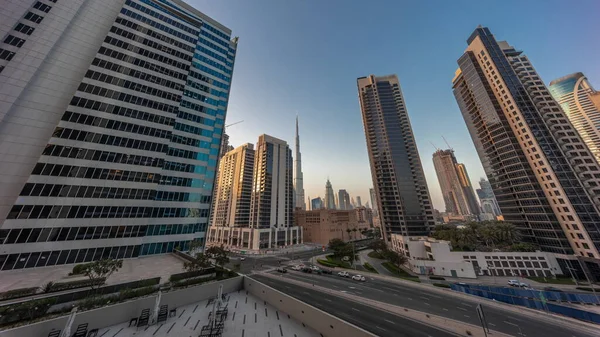 Воздушный Панорамный Вид Центр Дубая Небоскребы Difc Оживленным Движением Пересечении — стоковое фото