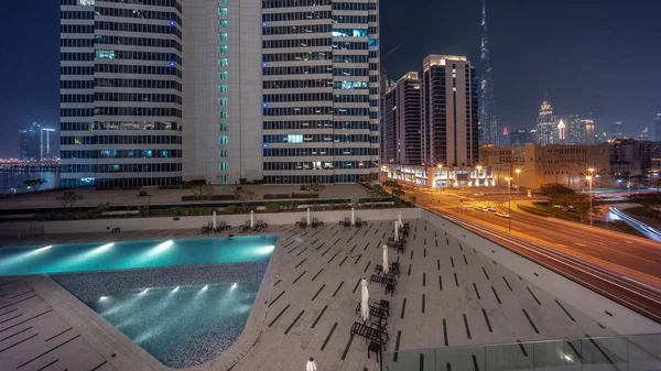 Légi Panoráma Kilátás Dubai Belvárosára Difc Felhőkarcolók Medencével Forgalmas Forgalom — Stock Fotó