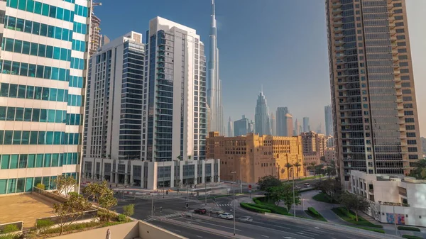 Aerial Panoramic View Dubai Downtown Difc Skyscrapers Busy Traffic Intersection — Stock Photo, Image