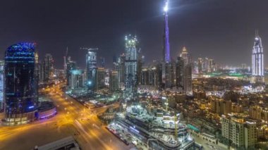 Uluslararası Dubai Kongre ve Sergi Sarayı, Lightup ışık gösterisi hava timelapse ile şehir merkezindeki cityscape Dubai