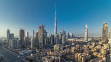 Güzel lüks günbatımı timelapse, Dubai, Birleşik Arap Emirlikleri, Dubai şehir merkezinde hava Üstten Görünüm