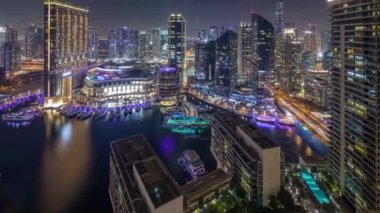 Dubai Yat Limanı Hava timelapse, BAE gece aydınlatma.