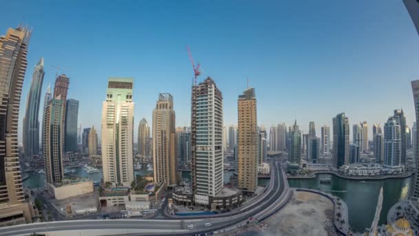 Beautiful aerial top view day to night transition timelapse of Dubai Marina canal — Stock Video