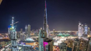 Uluslararası Dubai Kongre ve Sergi Sarayı, Lightup ışık gösterisi hava timelapse ile şehir merkezindeki cityscape Dubai