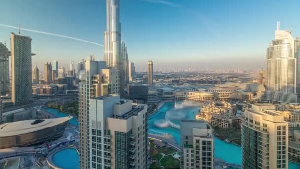 Dubai downtown in the evening timelapse in bright yellow sunset light — Stock Video