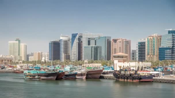 Trading wooden boats in the port timelapse. Merchant ships on the Creek Canal. — Stock Video