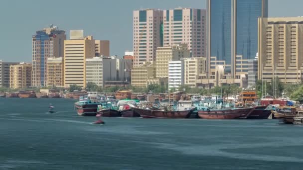 Trading wooden boats in the port timelapse. Merchant ships on the Creek Canal. — Stock Video