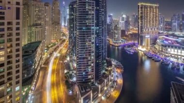 Dubai Yat Limanı Hava timelapse, BAE gece aydınlatma.