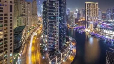 Dubai Yat Limanı Hava timelapse, BAE gece aydınlatma.