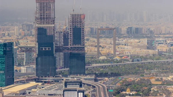 Luchtfoto Van Wolkenkrabbers Buurt Van Financieel Centrum Dubai Timelapse Bouwplaats — Stockfoto