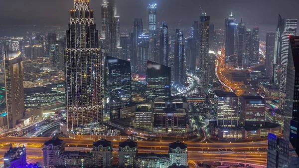 Aerial View Tallest Towers Dubai Downtown Skyline Highway Night Timelapse — Stock Photo, Image
