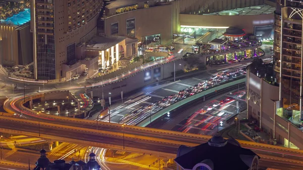 Tráfico Ocupado Intersección Paso Elevado Centro Dubái Timelapse Noche Aérea —  Fotos de Stock
