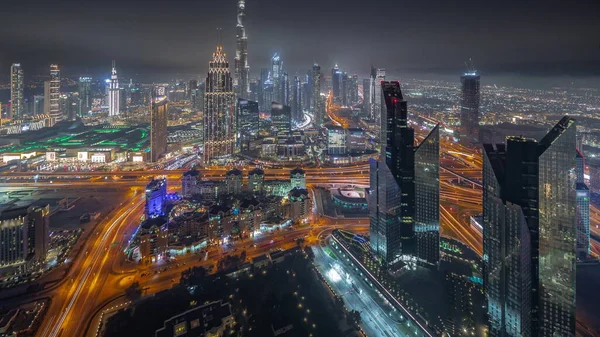 Flygfoto Över Högsta Tornen Dubai Downtown Skyline Och Highway Night — Stockfoto