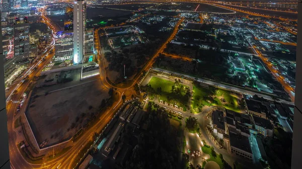 Villas Distrito Zabeel Com Arranha Céus Fundo Aéreo Panorâmico Noite — Fotografia de Stock