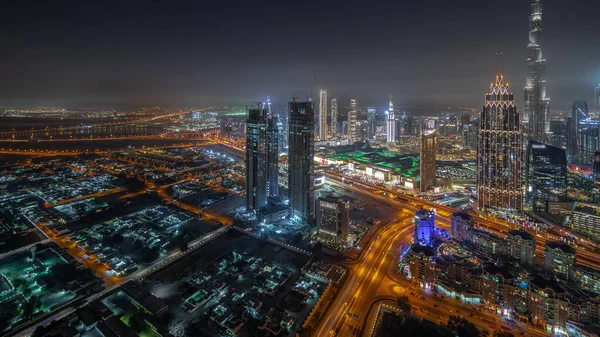 Повітряний Вид Високі Вежі Дубаї Даунтаун Нічний Час Шосе Бізнес — стокове фото