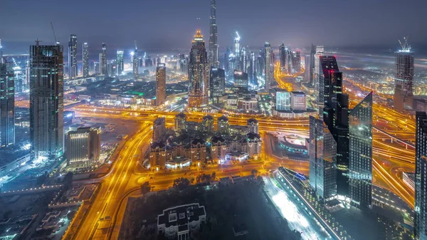 Légi Panoráma Legmagasabb Tornyok Dubai Belvárosában Városkép Éjjel Nappal Átmenet — Stock Fotó
