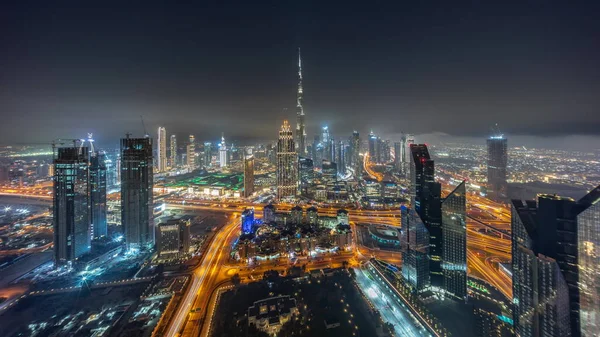 Aerial Panorama Tallest Towers Dubai Downtown Skyline Highway Night Timelapse — Stock Photo, Image