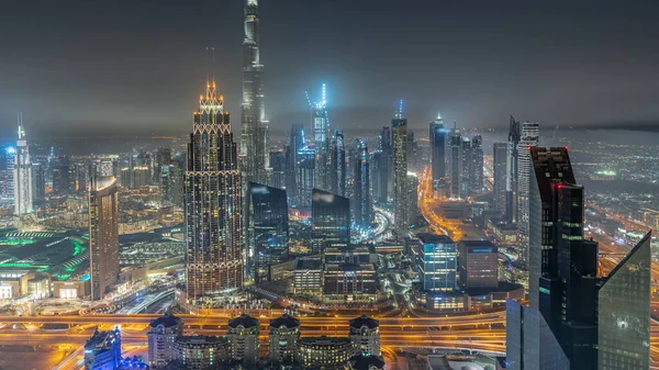 Aerial View Tallest Towers Dubai Downtown Skyline Highway Night Timelapse — Stock Photo, Image