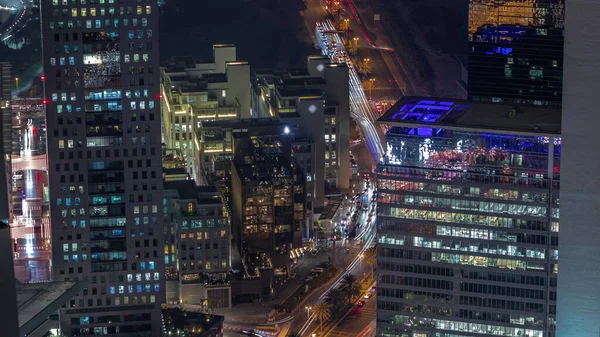 Office Skyskrapor Med Belysning Finansdistriktet Antenn Natten Timelapse Ovanifrån Till — Stockfoto