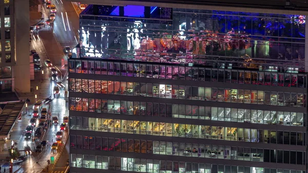 Rascacielos Oficinas Con Iluminación Horario Nocturno Aéreo Del Distrito Financiero —  Fotos de Stock