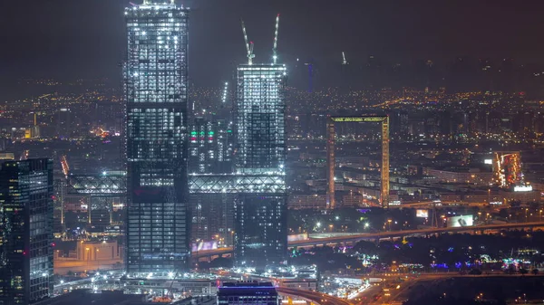 Αεροφωτογραφία Των Ουρανοξύστες Κοντά Στο Οικονομικό Κέντρο Στο Ντουμπάι Νύχτα — Φωτογραφία Αρχείου