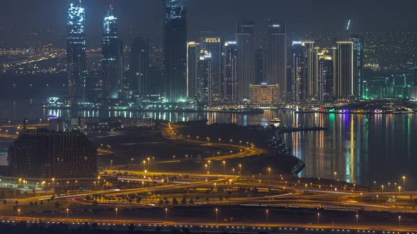Dubai Creek Harbor Con Rascacielos Torres Construcción Timelapse Noche Aérea —  Fotos de Stock