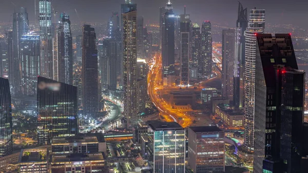 Downtown Skyline Met Moderne Architectuur Vorm Boven Nacht Timelapse Luchtfoto — Stockfoto