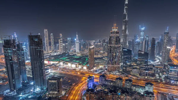 Downtown Skyline Modern Architecture Form Night Timelapse Aerial View Dubai — Stock Photo, Image