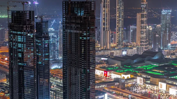 Центр Дубая Масштабным Строительством Жилого Комплекса Видом Строительные Краны Освещённые — стоковое фото