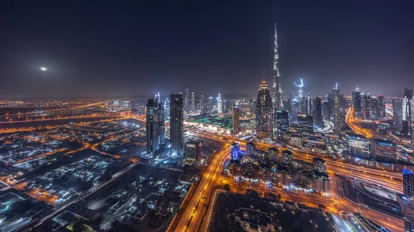 Воздушная Панорама Высочайших Башен Центре Дубая Ночное Шоссе Восходящей Луной — стоковое фото