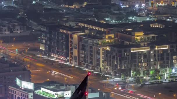City Walk distrito aéreo noche timelapse, nueva zona urbana en el centro de Dubai. — Vídeo de stock