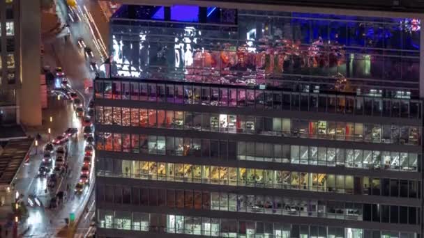 Wieżowce biurowe w dzielnicy finansowej antenowa noc timelapse — Wideo stockowe