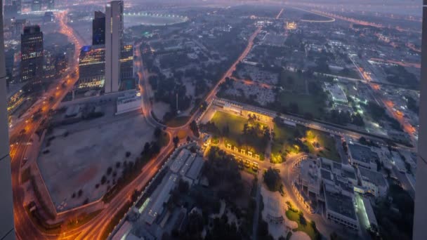 Ville nel distretto di Zabeel con grattacieli su sfondo aereo notte a giorno timelapse a Dubai, Emirati Arabi Uniti — Video Stock