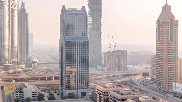 Dubai Stad Skyline Panoramisch Uitzicht Met Metro Auto Bewegen Drukste — Stockfoto