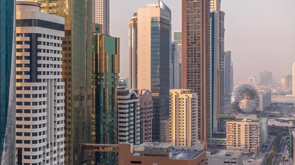 Aerial View Dubai International Financial District Many Skyscrapers Timelapse Traffic — Stock Photo, Image