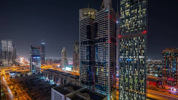 Luftaufnahme Des Dubai International Financial District Mit Vielen Wolkenkratzern Zeitraffer — Stockfoto