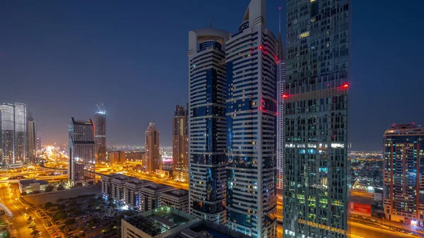 Letecký Pohled Dubaj Mezinárodní Finanční Čtvrti Mnoha Mrakodrapy Noc Den — Stock fotografie