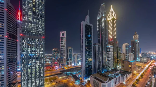 Aerial View Dubai International Financial District Many Skyscrapers All Night — Stock Photo, Image