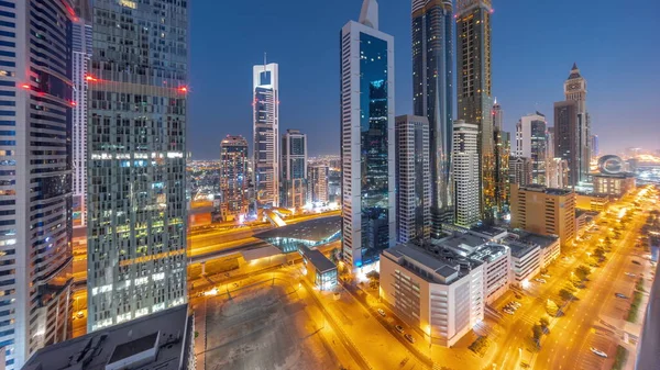 Aerial Panorama Dubai International Financial District Many Skyscrapers Night Day — Stock Photo, Image