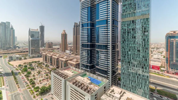 Légi Panoráma Dubai Nemzetközi Pénzügyi Kerület Sok Felhőkarcolók Timelapse Egész — Stock Fotó