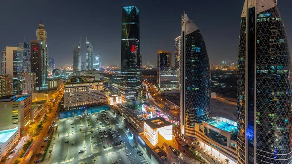Légi Kilátás Dubai Nemzetközi Pénzügyi Körzet Sok Felhőkarcolók Éjszakai Panorámás — Stock Fotó