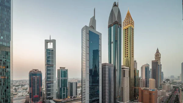 Légi Kilátás Dubai Nemzetközi Pénzügyi Körzet Sok Felhőkarcolók Nap Mint — Stock Fotó