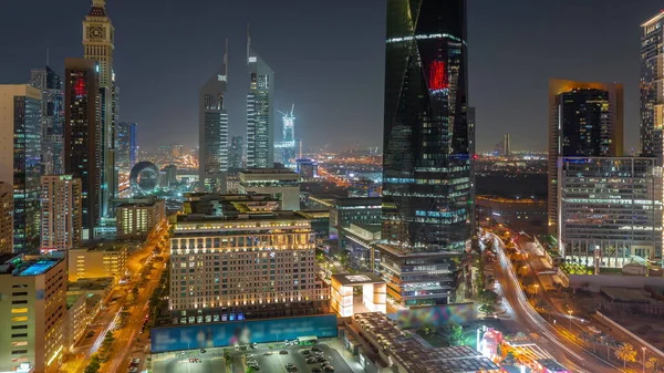 Aerial View Dubai International Financial District Many Office Skyscrapers Night — Stock Photo, Image