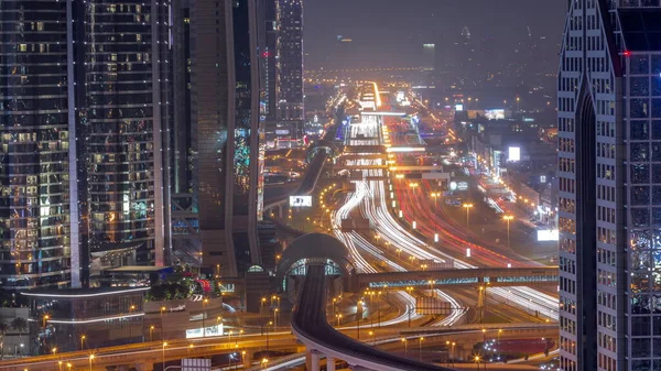 Upptagen Sheikh Zayed Road Antenn Hela Natten Timelapse Tunnelbana Järnväg — Stockfoto